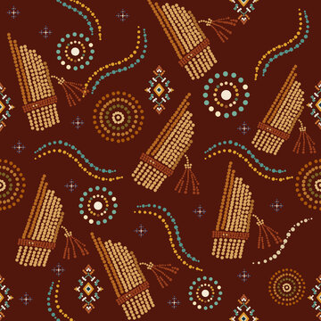 Modern Folk Dot Seamless Pattern with Traditional Khaen Instrument and Geometric Textile Motifs Flat Vector Illustration	