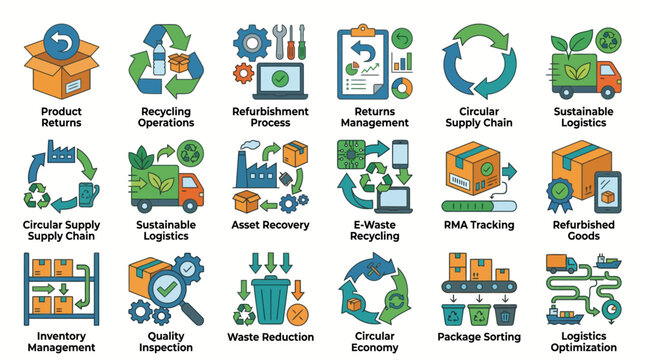 Set of isolated icons representing circular economy and sustainable logistics processes.