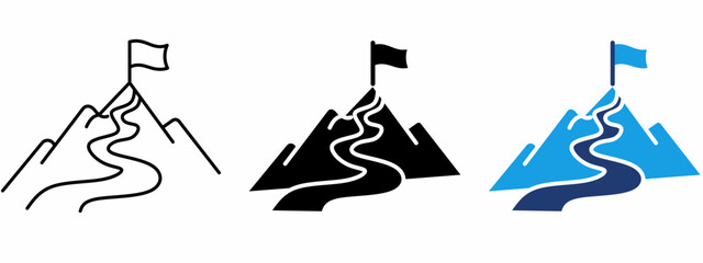 Fototapeta premium Mountain Peak Flag Icon Set. Containing Goal Achievement, Success Journey, Career Path, Leadership, and Mission Accomplished Icons.