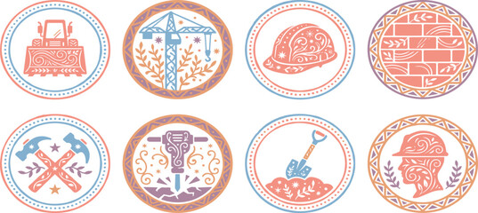 Cute boho floral construction site sticker badge set with builder helmet crane hammer shovel vector. © MDRIFAT
