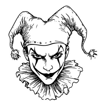 Scary evil clown face wearing jester hat with bells and ruffled collar in vintage engraving style