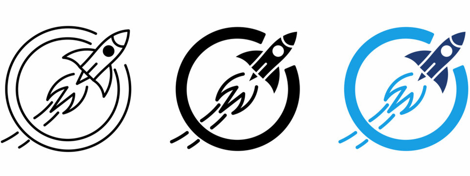 Startup Launch and Business Rocket Icon Set. Containing Innovation, Speed, Boost, Growth, and Target Breakthrough Icons.