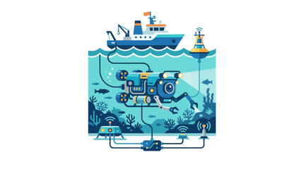 Fototapeta premium Ocean Technology: Underwater Robot Explores Marine Life and Seabed from Research Vessel