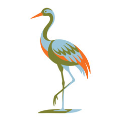 Fototapeta premium Stylized Illustration Of A Graceful Standing Crane Bird Featuring Vibrant Geometric Flat Shapes