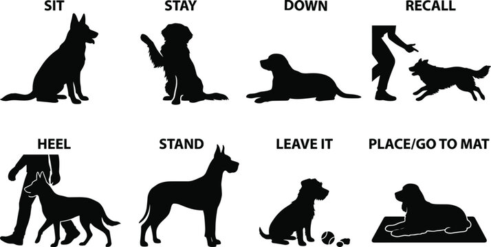 Dog training commands silhouette set with basic obedience positions for puppy education and canine behavior instructions