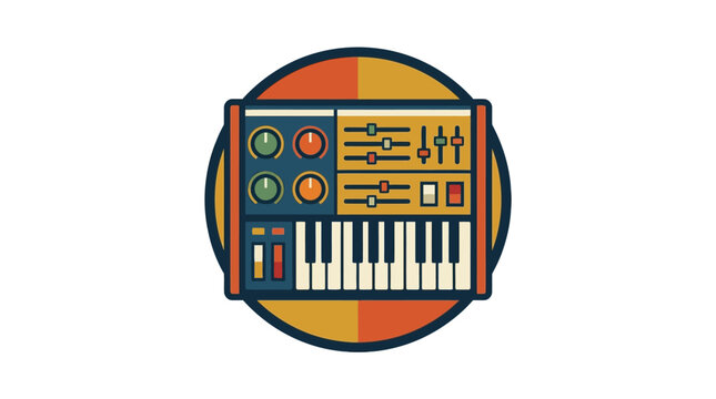 Retro synthesizer icon with knobs, buttons, and keys, vintage music production equipment