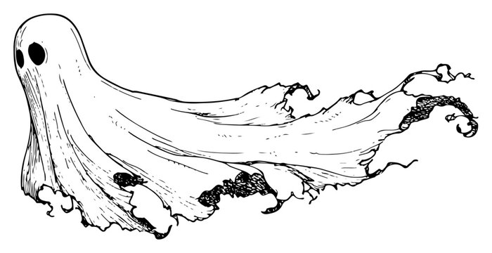 Ghost floating with long tattered sheet in hand drawn sketch style