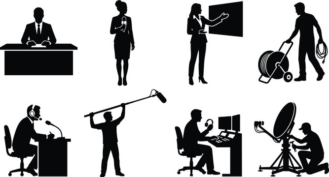 Television broadcast and news crew silhouettes set including news anchor reporter sound engineer and technician