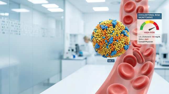 Cholesterol screening concept with LDL particle and red blood cells in artery showing high risk alert for heart health monitoring in medical laboratory environment