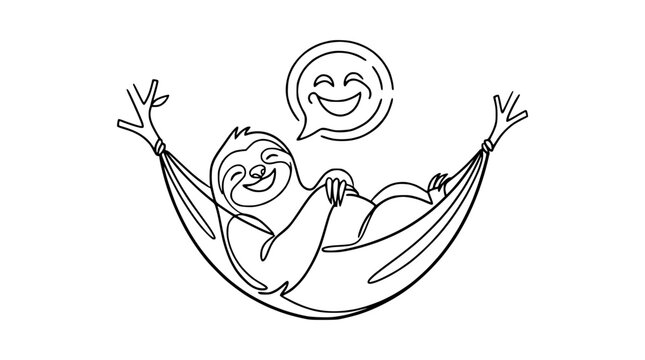 Happy Sloth Relaxing in Hammock, Smiling Face, Line Art Illustration