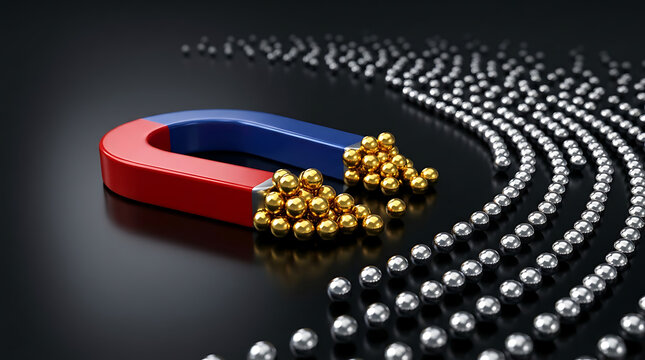 Magnetic Attraction Horseshoe Magnet Pulling Small Metal Balls in a Curved Path