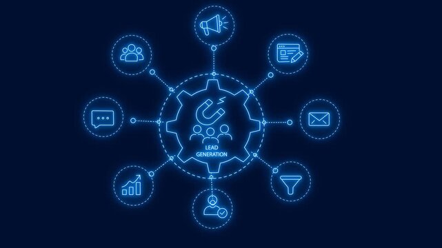 Lead Generation Workflow With Connected Marketing Channels And Customer Acquisition. Digital Outline  Icons On A Dark Blue Technology Background.  Content Creation, Promotion, And Conversion Concept 