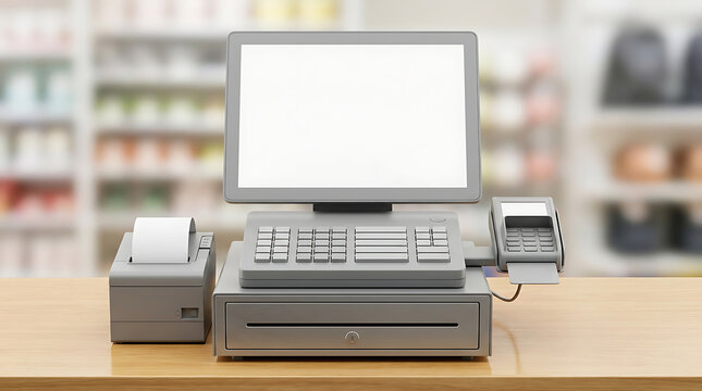 Modern POS system with blank screen and receipt printer on countertop in store