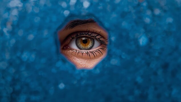 Close-up of a human eye with hazel iris peering through a hexagonal hole in a blue textured surface, showcasing details of eyelashes and skin around the eye