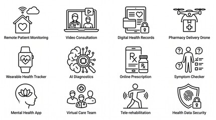 Fototapeta premium Telemedicine and Virtual Healthcare Outline Icon Set with Remote Monitoring and Digital Health