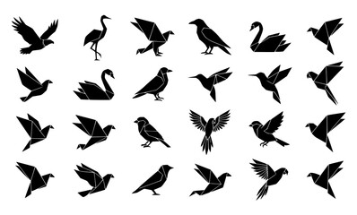 Fototapeta premium Low Poly Origami Bird Silhouette Black Geometric Vector Illustration Set