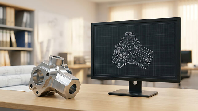 Industrial mechanical component design on computer monitor screen in professional engineering office