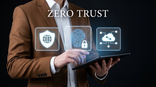 Businessman using digital tablet for zero trust security system, biometric fingerprint authentication, and cloud data protection shield