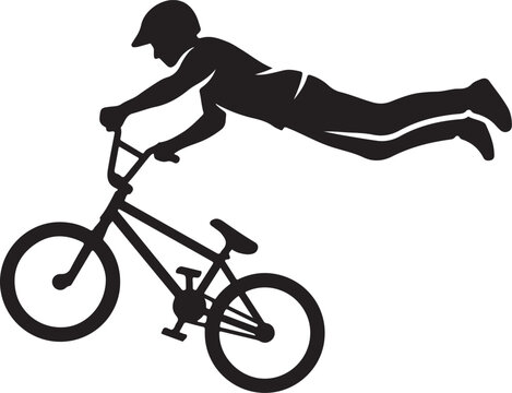 Silhouette of a BMX rider performing an extreme superman stunt in mid-air