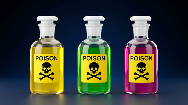 Three reagent bottles with liquid containing toxic poison and danger skull symbols on labels
