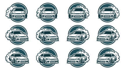 Collection of twelve circular automotive icons featuring a Japanese sports car drifting with tire smoke. Monochromatic JDM style car badges for racing and tuning logo designs. © TOKOKITAB