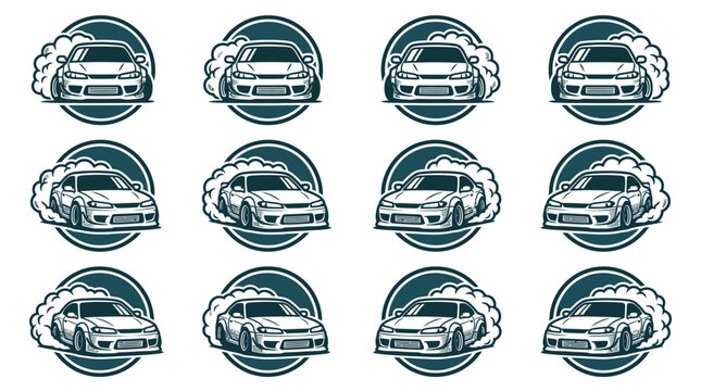 Collection of twelve circular automotive icons featuring a Japanese sports car drifting with tire smoke. Monochromatic JDM style car badges for racing and tuning logo designs.