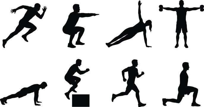 Fitness and workout exercise silhouettes set including running squat pushup and weight training isolated on white background