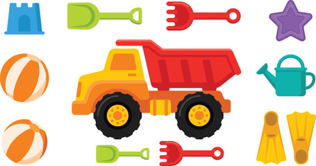 Summer Beach Toy Set with Dump Truck, Sand Shovel, Rake, Beach Ball, Watering Can, Flippers, and Sandcastle for Kids Vacation Designs © MD