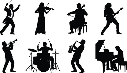 Musicians and orchestra performers silhouette icons set representing dynamic musical instruments and live concert players isolated on white © MdMenhajul