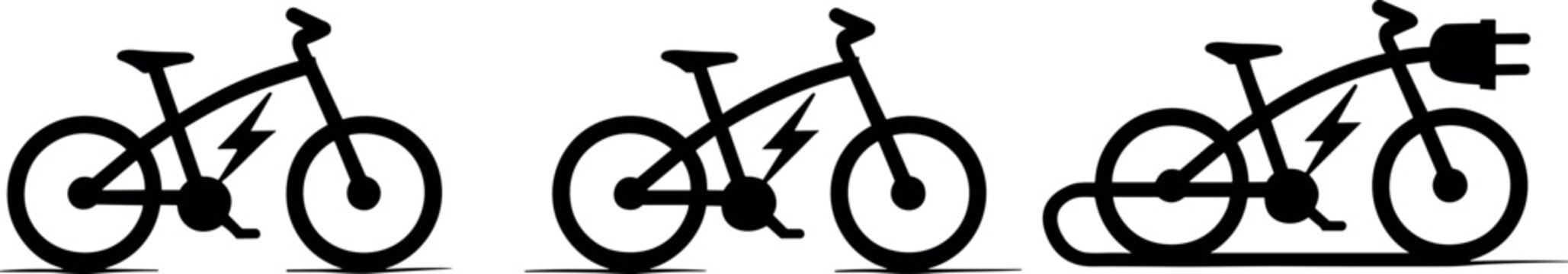 Electric bike icons set with bicycle silhouette and power plug symbol for modern eco friendly transportation vector
