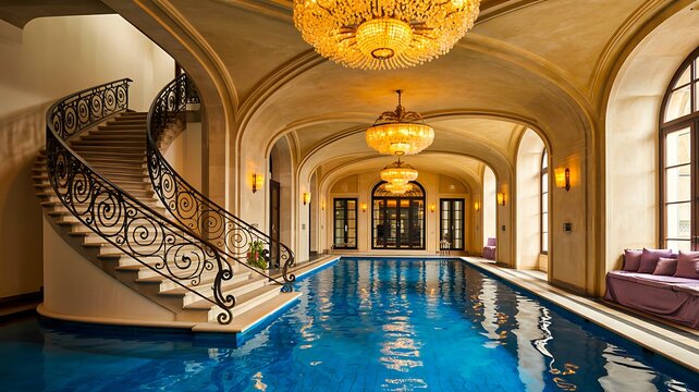 Luxury hotel lobby with elegant staircase and indoor swimming pool