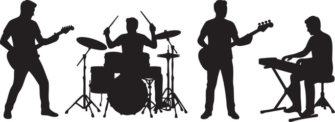 Music Band Silhouette Set – Guitarist, Bass Player, Drummer and Keyboardist Performing Live Vector Collection © MirazHossain