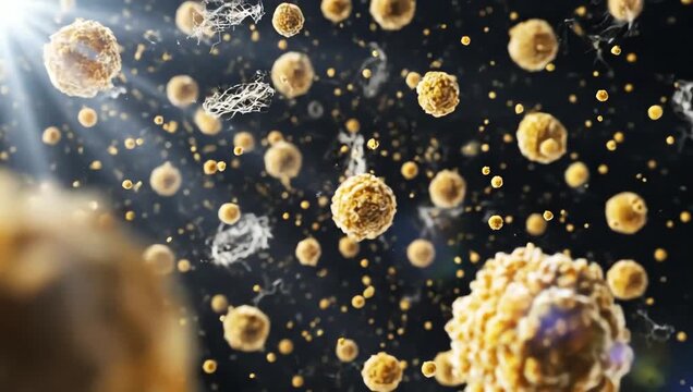 Pollen grains and airborne particles floating through soft light beams