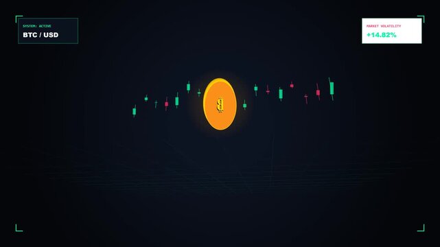 Bitcoin cryptocurrency trading chart with glowing coin on dark background displaying market volatility and stock data