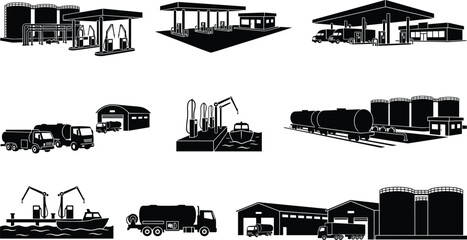 Obraz premium Gas station and fuel distribution icon set with black silhouettes of oil depots tanker trucks and harbor terminals