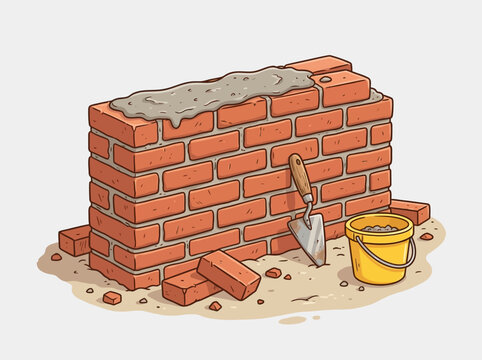 Brick wall construction with tools.
