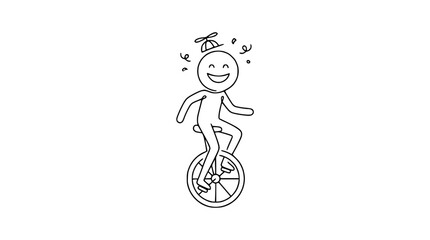 Happy stick figure riding a unicycle with a propeller hat and confetti, cartoon style © Lancar