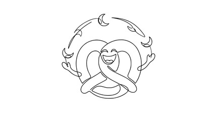 Happy Pretzel Character with Crescent Moons in Circle - Line Art © Lancar