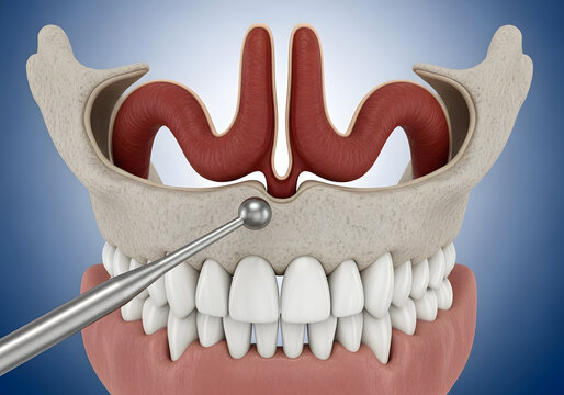 Medical illustration of a sinus lift procedure showing a surgical tool lifting the membrane in the maxillary sinus