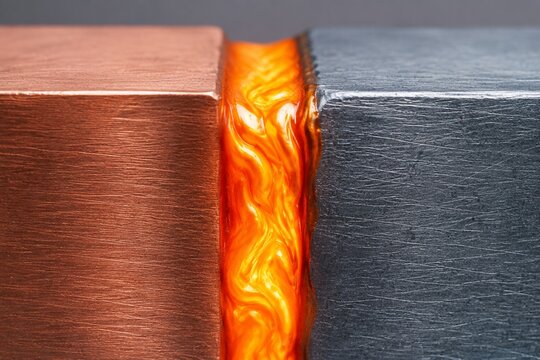 Two distinct metal blocks fused by a molten band, extreme close-up on the seam.