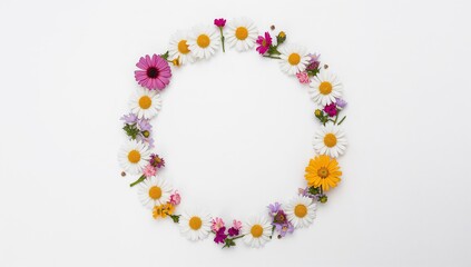 Naklejka premium Circular arrangement of assorted flowers including daisies, pink and yellow blooms on a white background, creating a vibrant floral wreath design