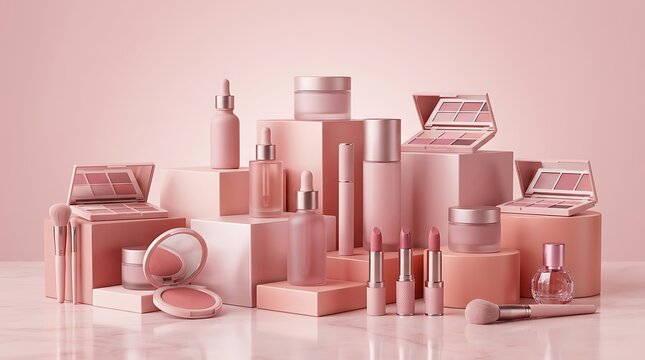 Collection of various pink cosmetic beauty products and makeup skincare items on display. pink makeup tutorials