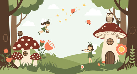 Naklejka premium Enchanted magic forest with cute little fairies, mushroom houses, butterflies, and a wise owl sitting on a roof.