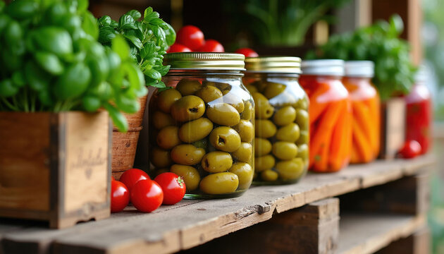 Jars with green olives and preserved vegetables sit on wooden pallet shelf. Fresh basil and ripe tomatoes add color and freshness. Rustic food display with natural ingredients.