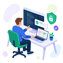 Fototapeta premium Cybersecurity Expert Analyzing Data on Computer Screen in Modern Office.