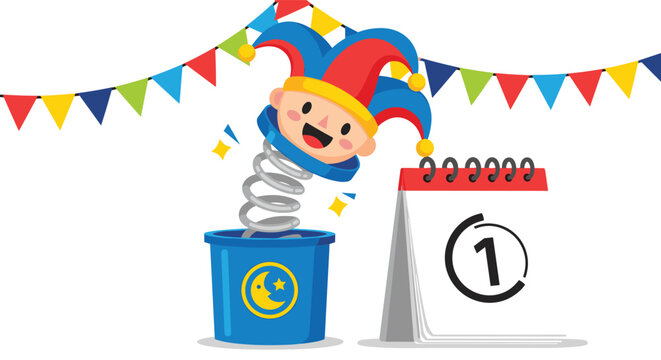 Funny jester jack in the box toy popping up to announce April Fools Day next to a calendar showing April first.