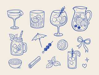 Cocktail drinks doodle vector illustration with sangria pitcher glasses umbrella and hand drawn blue line art © Saad Hassan