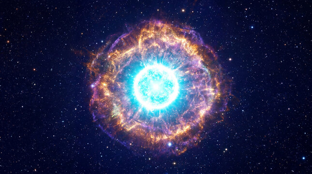 Astrophysics concept of an expanding supernova remnant nebula with a glowing bright white dwarf star core