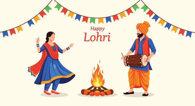 Festive Lohri celebration in India with a woman dancing in traditional dress and a man playing dhol by a bonfire.