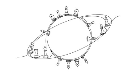 Abstract Chess Pieces Orbiting Globe - Continuous Line Art © Lancar